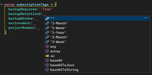 SubscriptionTags parameter object intellisense options